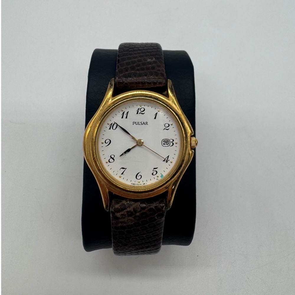 Pulsar Womens Gold Tone Date Watch VX82-0AR0 Brown Leather Strap needs bat